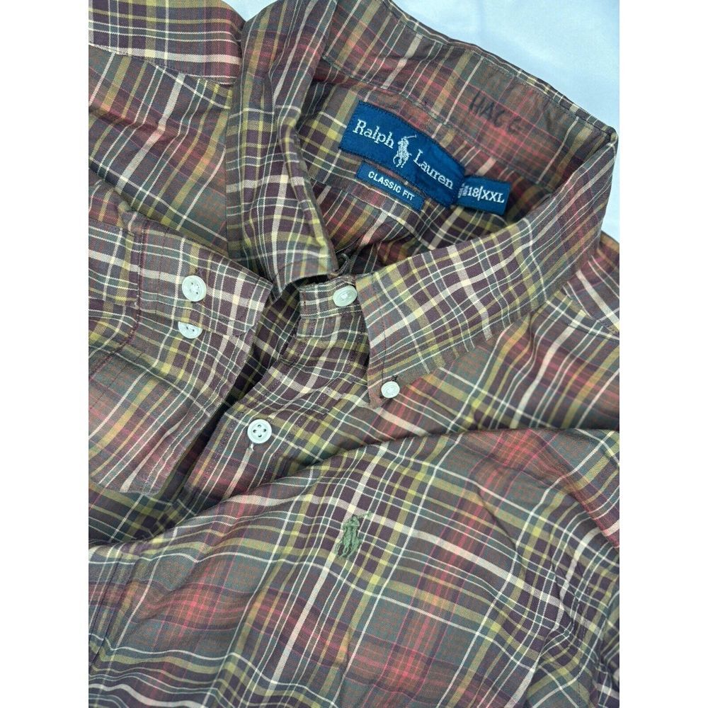 Ralph Lauren Vintage Classic Fit Mens 18 XXL Brown Plaid Long Sleeve Button Down